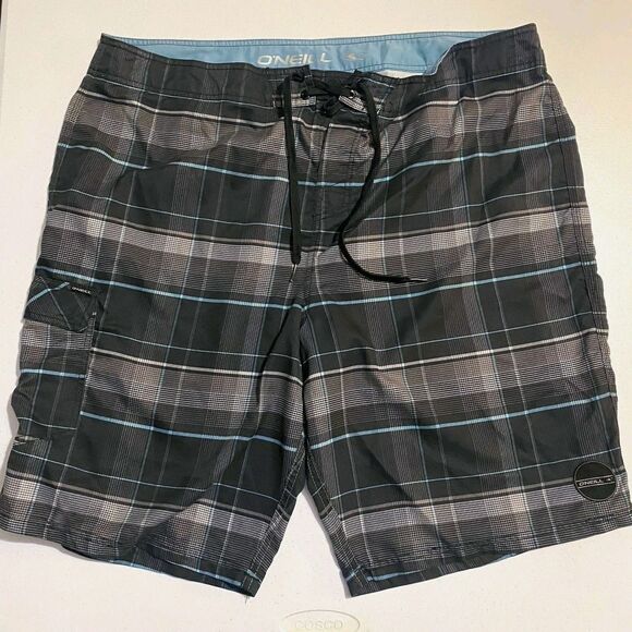 O'Neill Board Shorts Mens Size 40 Swimming Surfing Beach Gray Blue Striped - Picture 1 of 12